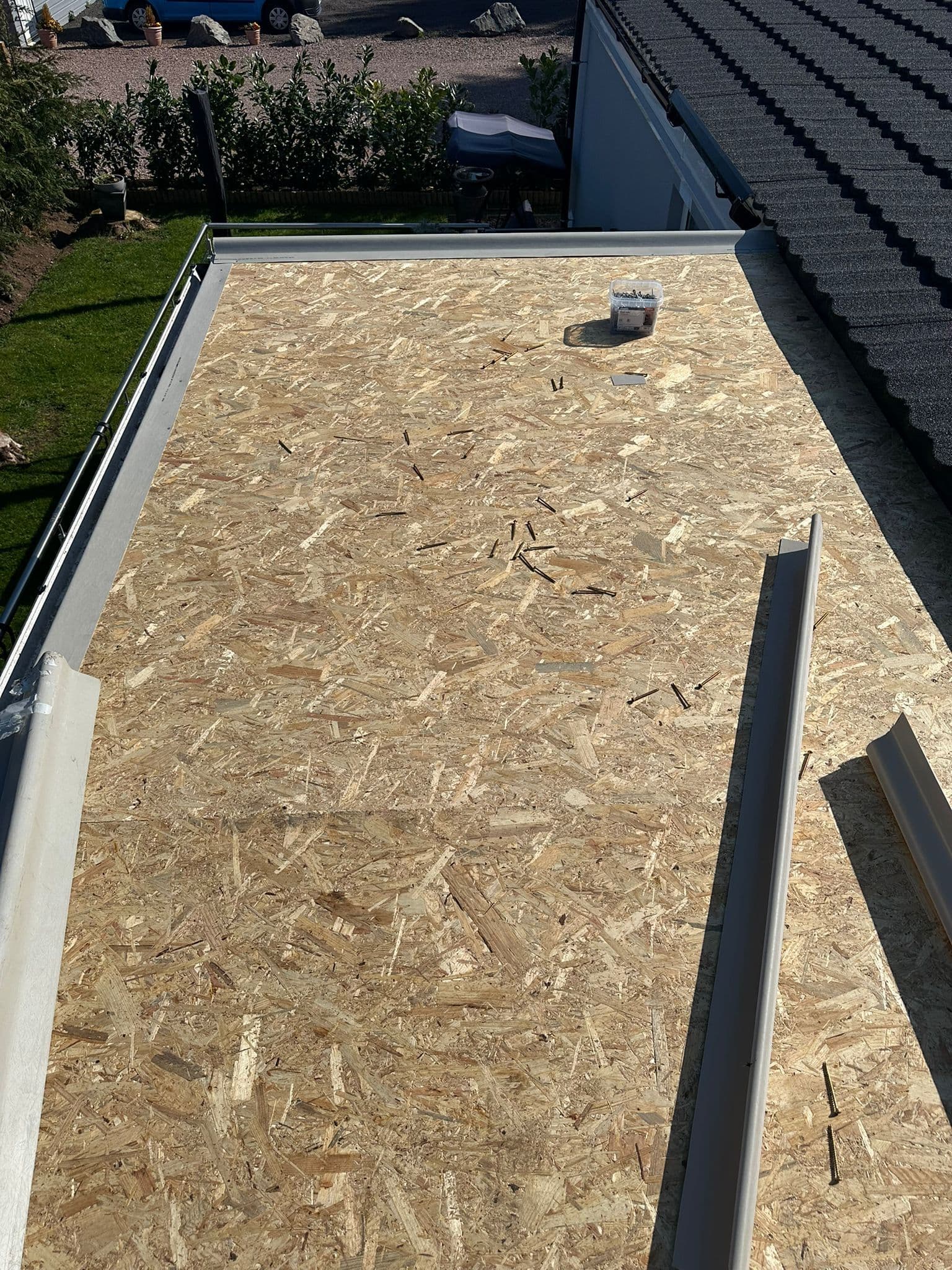 New flat roof deck laid ready for covering